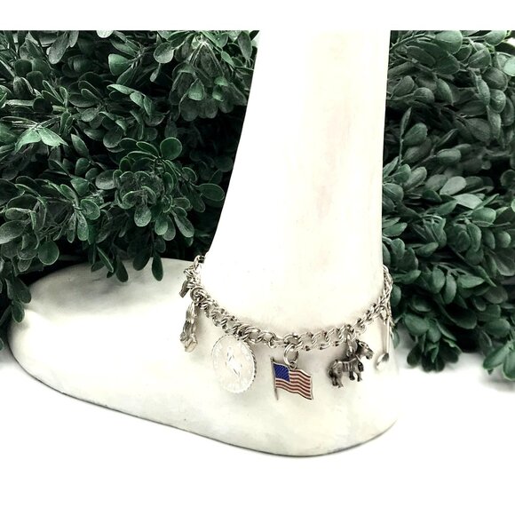 Vintage Silver Charm Bracelet With Cowboy Boot Horse & Flag Charms - Picture 3 of 5